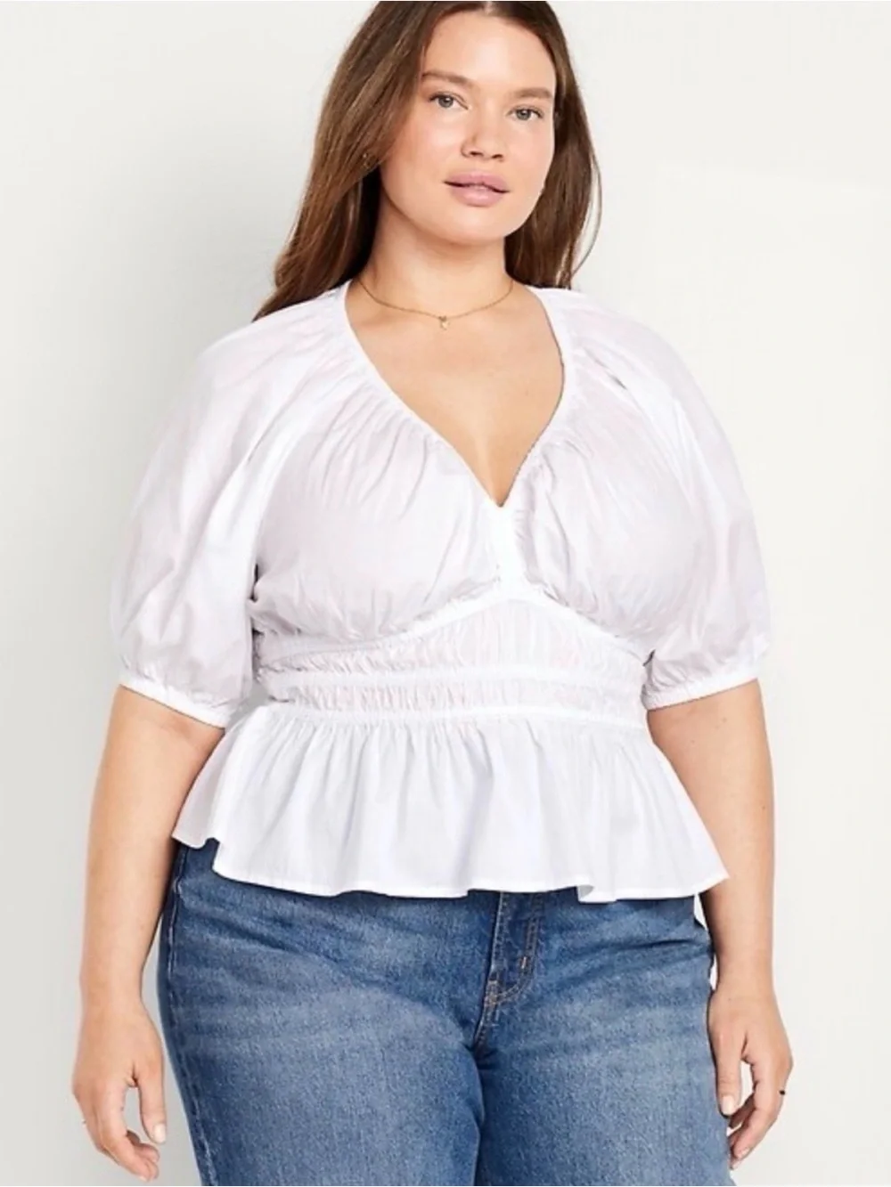 Old Navy Smocked V-Neck Peplum Puff Sleeve White Top Renfaire Prairie XL P